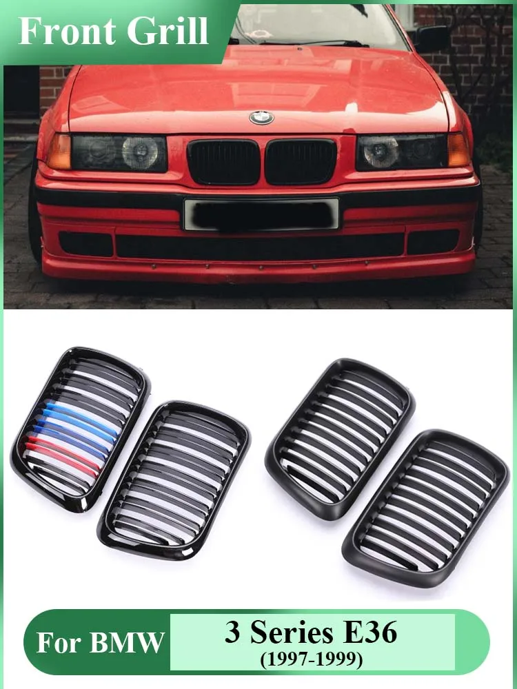 Двойна Линия M Цветен Решетка на радиатора предна броня с Един колан, Матово-черни Въздушни Решетки, Префасонира за BMW Серия 3 E36 ИРТ (1997-1999)