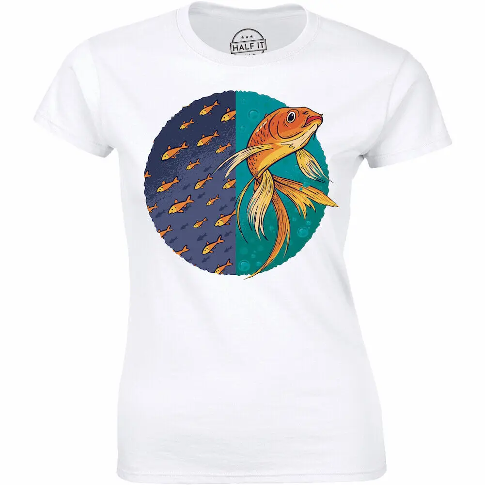 Красива дамска тениска премиум-клас с мирни златни рибки, идея за подарък тениска