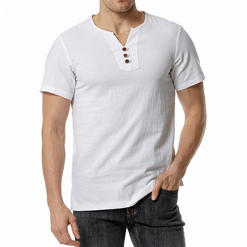 Лятна мода памучен бельо тениска, мъжки ежедневни обикновена тениска с къс ръкав, тениски с V-образно деколте, тенденция на горно облекло Slim Fit