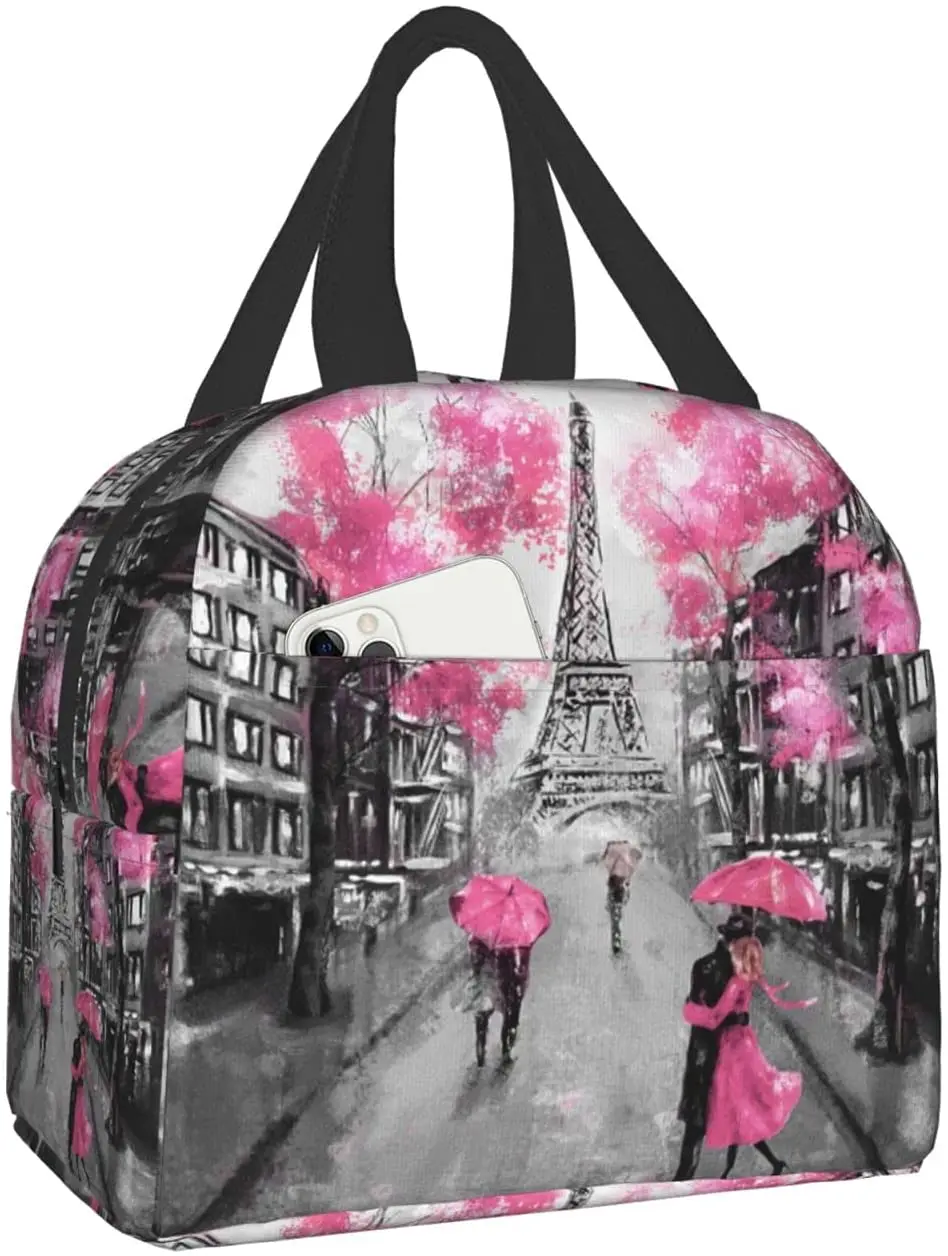 Парижката улица, Айфеловата кула, розови, чанти за обяд с цветен модел за жени, за многократна употреба изолиран обяд-бокс за момчета и момичета, подходящ за пътуване, на работа, на плажа