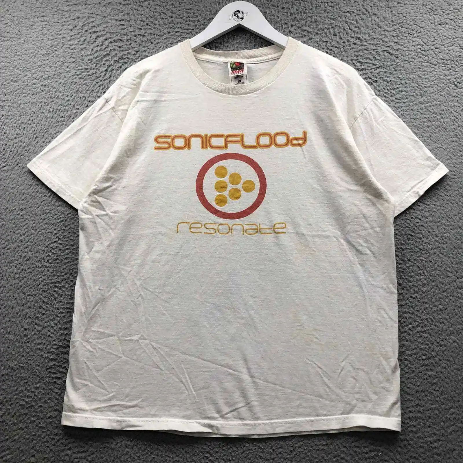 Реколта мъжка тениска Sonicflood Resonate на 90-те години XL с къс ръкав и дизайн в бял цвят