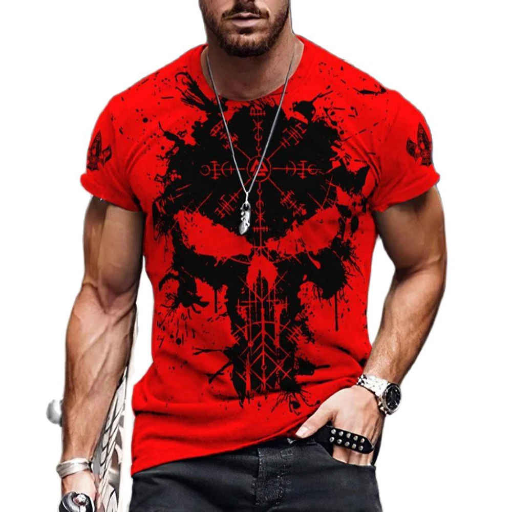 Червени мъжки тениски с 3D принтом, тениска с татуировка на викинга и врана, лятна ежедневни тениска унисекс с кръгло деколте, улични ризи, връхни дрехи