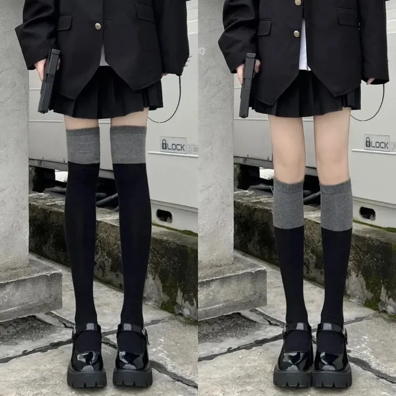 1 чифт Есенно-зимни памучни гольфов до коляното, дълги чорапи, дамски чорапи в тон, Черни, сиви чорапи JK до бедрата, японски стил