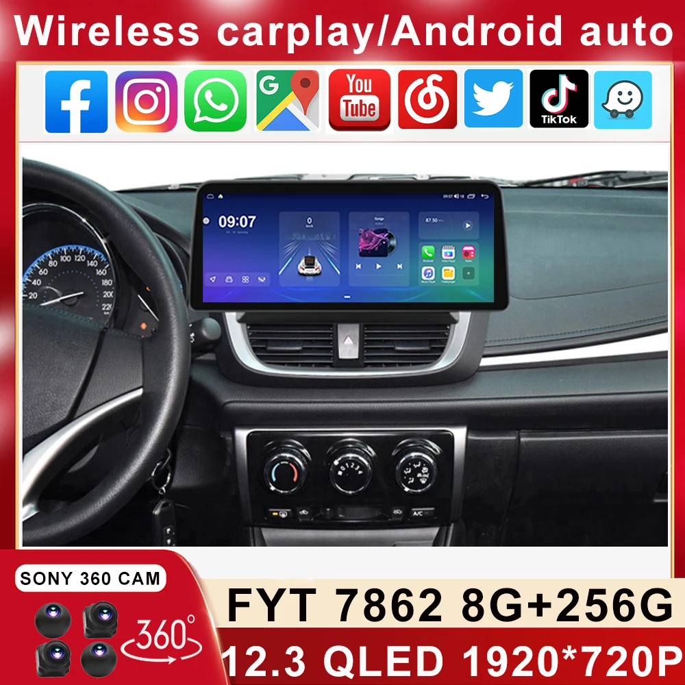 12,3-Инчов QLED За Toyota Vios Yaris L 2016 2017 2018 Android Кола Стерео Мултимедиен Плейър Главното Устройство Carplay Auto SWC