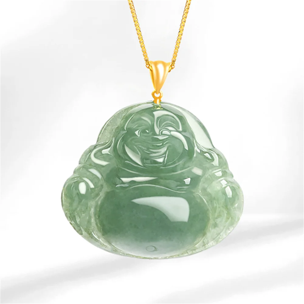 18-Каратово злато, естествен ледена jadeite, издълбани в Профила на Буда, честит медальон, огърлица-амулет, сертифицирани модни дамски и мъжки подаръчни украса