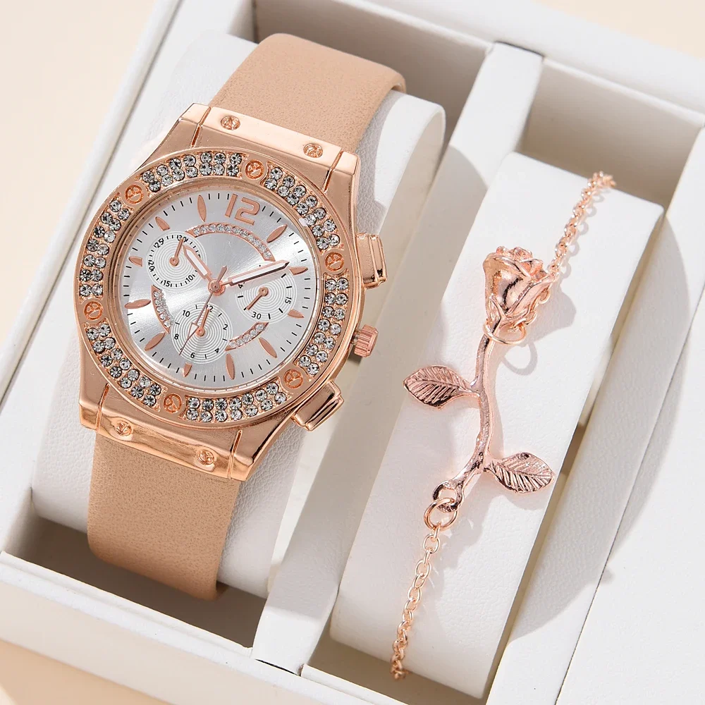 2 бр. компл. Дамски часовници Луксозни с кристали Модерен Елегантен ръчен часовник от сплав за дами подарък Кварцов часовник Гривна от розово злато без кутия