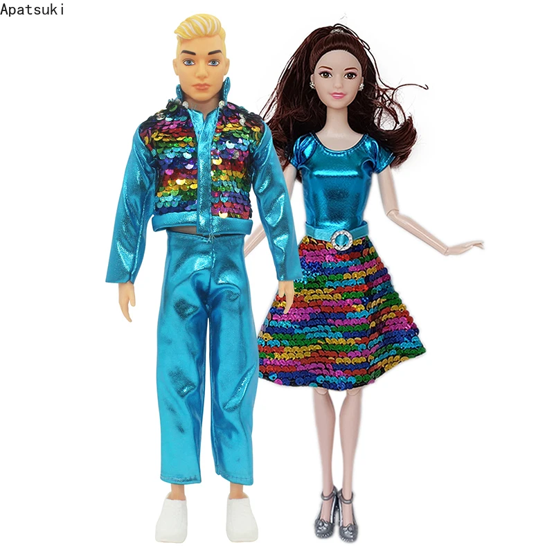 2 компл./лот, синя модни дрехи за кукли Кен Битка, двойка цветни рокли с пайети За кукли Барби, Аксесоари за детски играчки