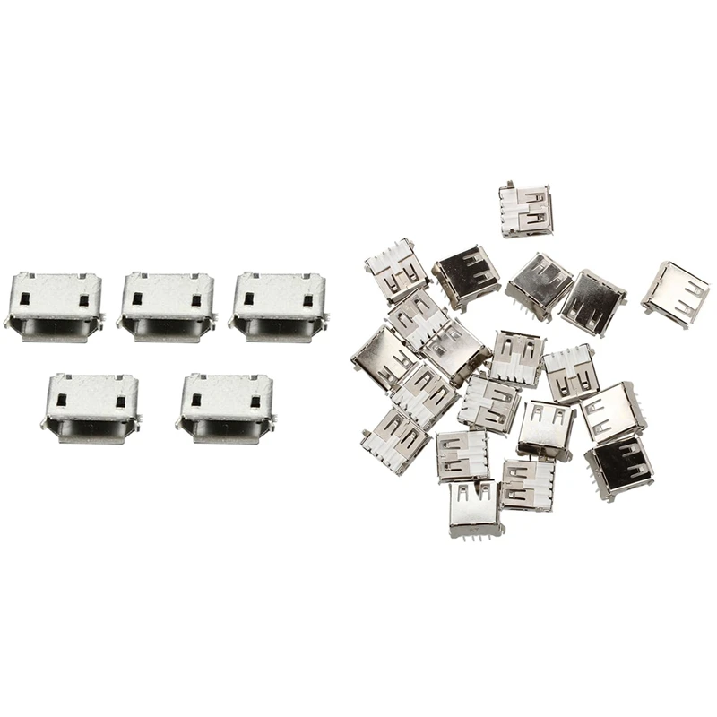 20 4-пинови конектори USB тип A с прав ъгъл на наклон и 50 бр Micro-USB тип B с 5-пинов конектор SMT Jack Socket