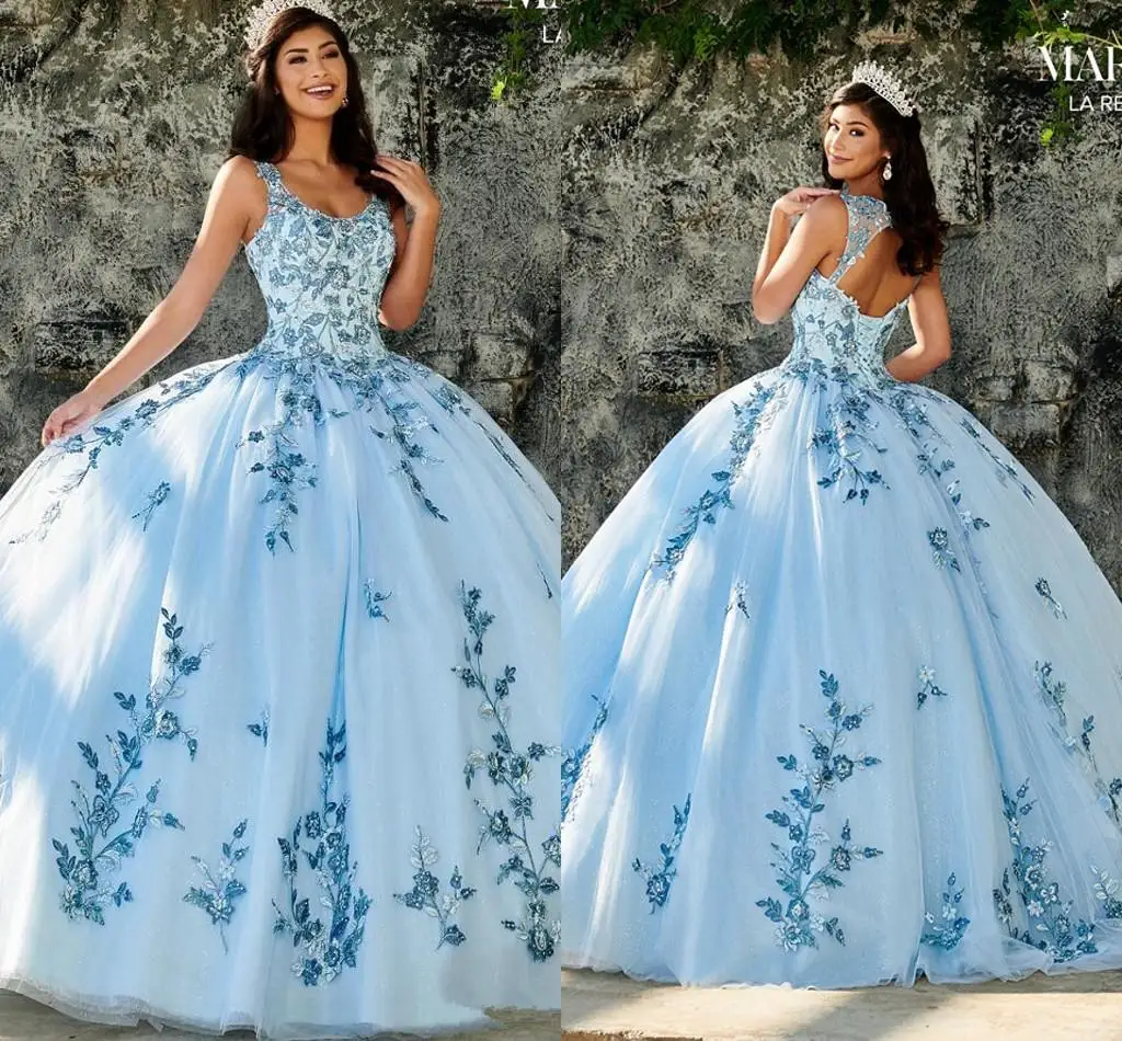 2021 Небето сини евтини буйни рокли-бална рокля с кръгло деколте, апликации от мъниста, сладки вечерни рокли принцеса от тюл 16 цвята