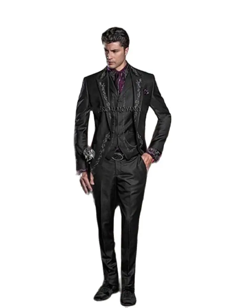 2022 Нов Стил, Черни Смокинги С Бродерия, За да оформите, Мъжки Костюми за Бала, Мъжки костюм за Младоженеца-3 бр. (Яке + Панталон + Елек + Вратовръзка)