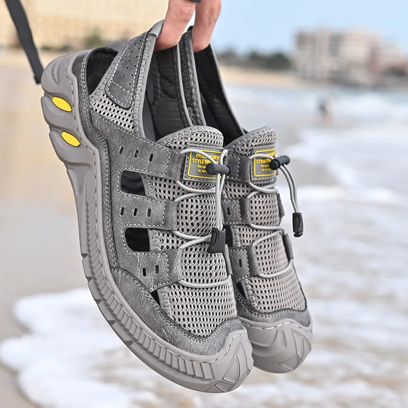 2023 Ежедневни обувки с еластична лента, кухи плажни обувки, дишаща сандали от едра мрежа.