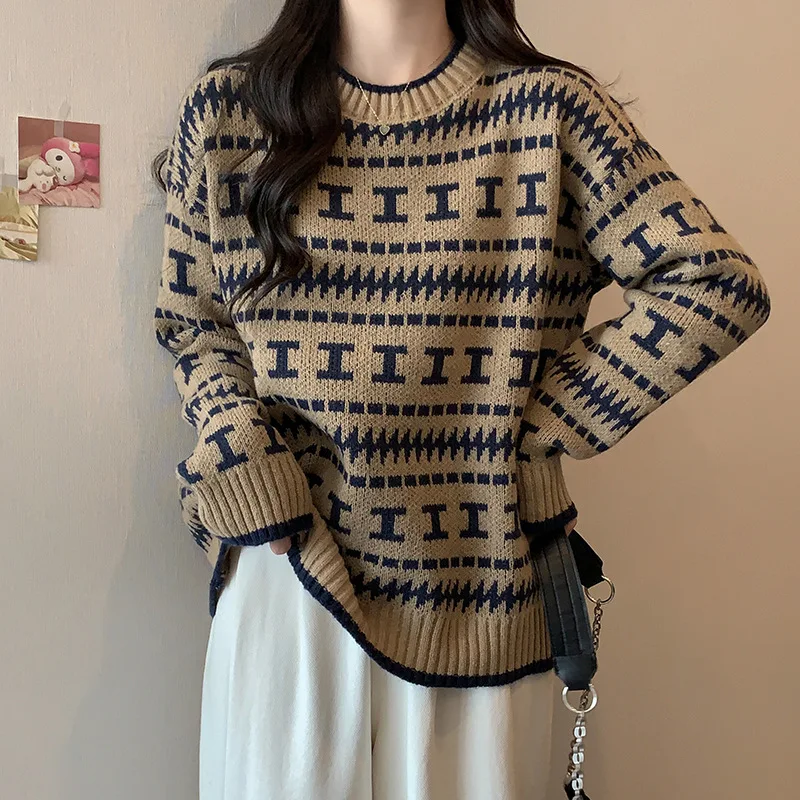 2023 Есен/зима, Нов свободен топ, женски мързелив пуловер, японски пуловер в ретро стил с дълги ръкави и дебела кръгло деколте