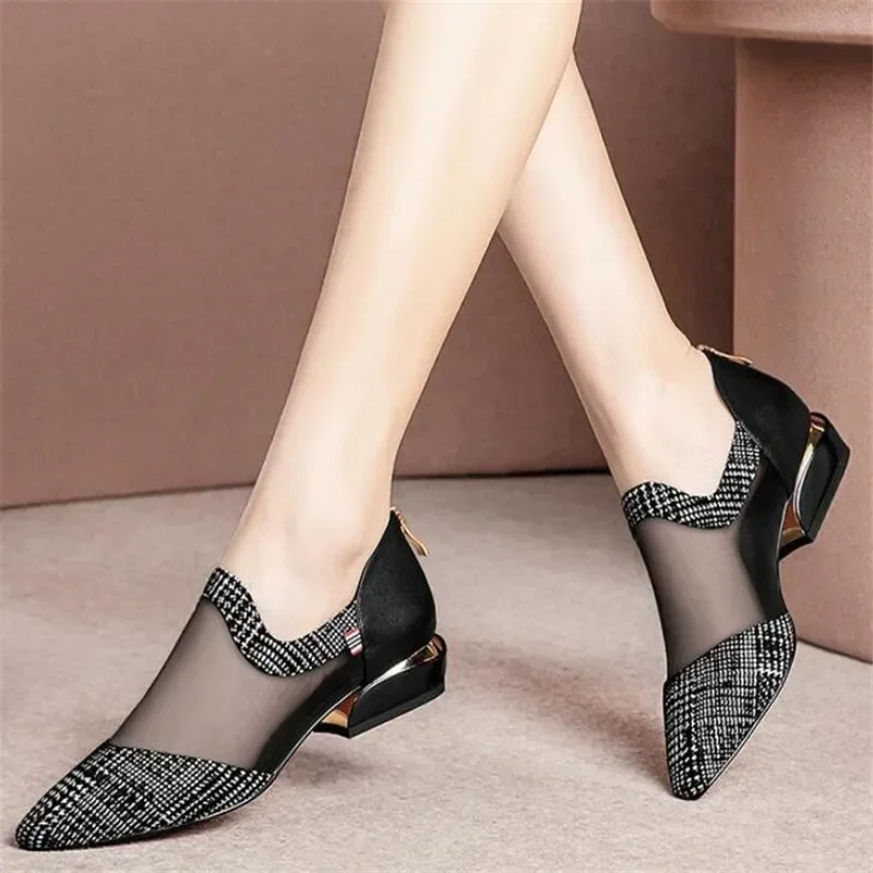2023 Нови дамски обувки на висок ток, мрежести дишащи обувки-лодка с цип с остри пръсти, Модни дамски рокли, сандали, Обувки