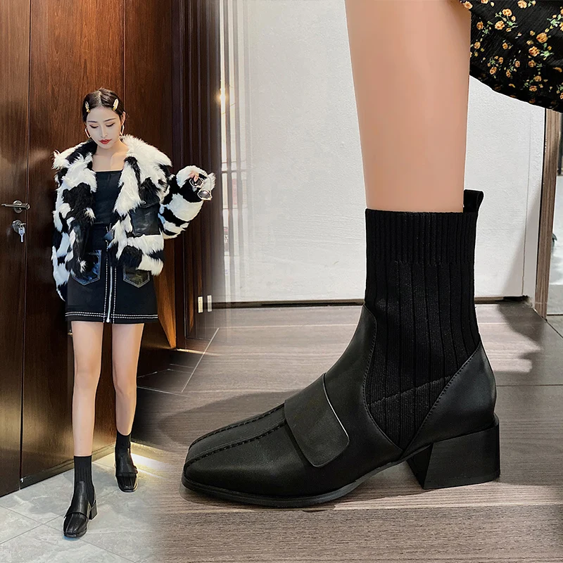 2023 нови есенно-зимни дамски ботильоны, големи размери 22-26 см, микрофибър + еластичната тръба за обувки, модерни дамски тесни обувки с катарама за обувки