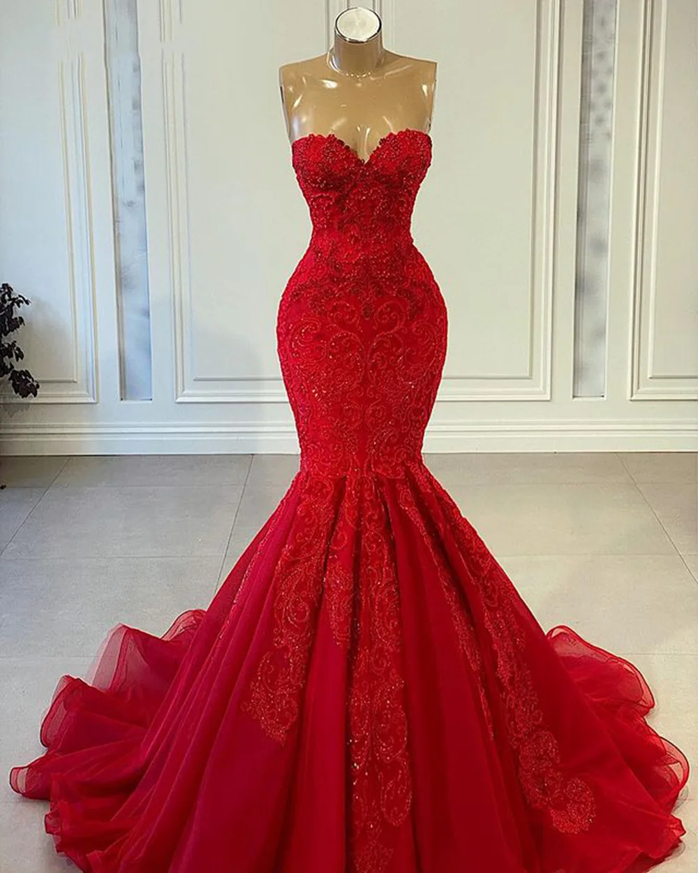 2023 Нови Червени Елегантни Вечерни рокли без ръкави, с влак във формата на Русалки, Дантелени апликации, Сватбени Рокли по поръчка Robe De Mariée