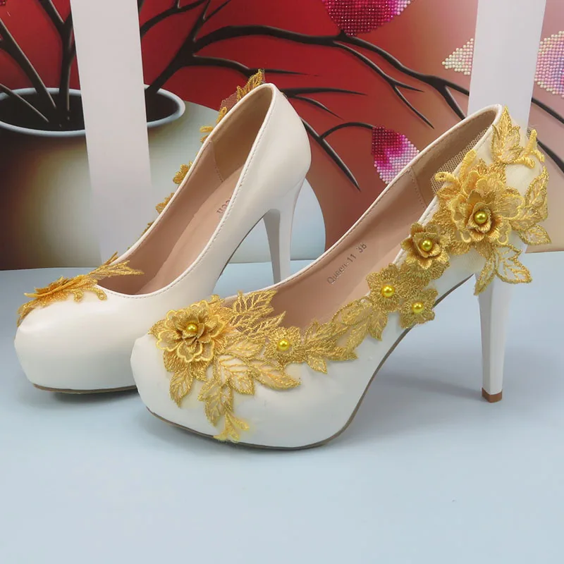 2023 Ново записване, дамски обувки за сватба, Вечерни обувки шаферките, Обувки-лодка на висок тънък ток, златни Дантелени дамски обувки с цветя модел, Дамски обувки