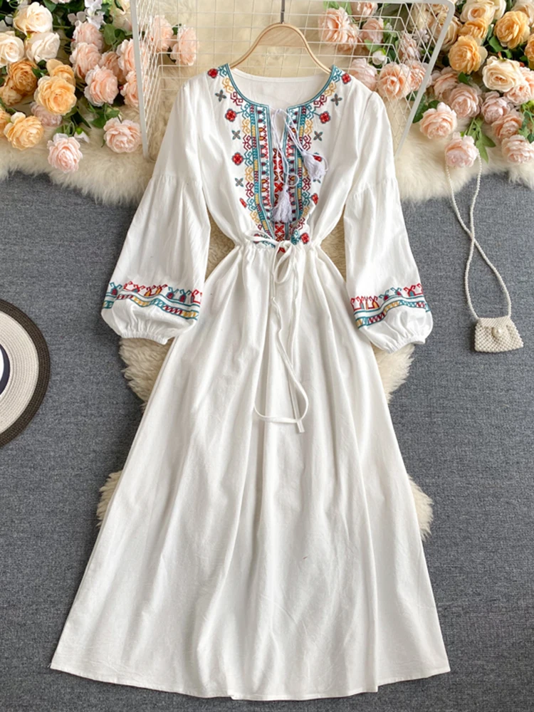 2023 Пролет Есен Ленено Женски народен рокля с бродерия, рокля с дълги ръкави, Елегантна бяла дреха в стил бохо, рокли за жени GD629