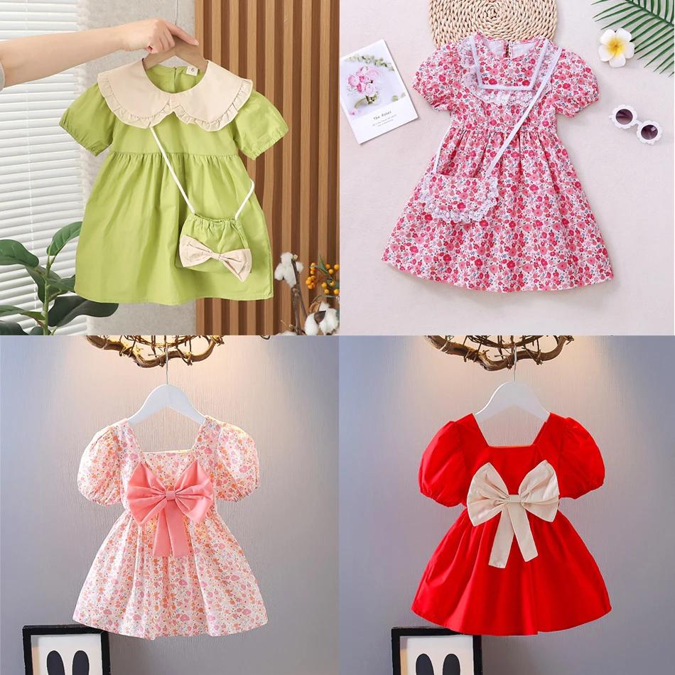 2023 Рокли за малки момичета Muababy, Лятно ежедневното принцеса рокля с флорални принтом и хубав лък в Корейски стил, комплект костюми