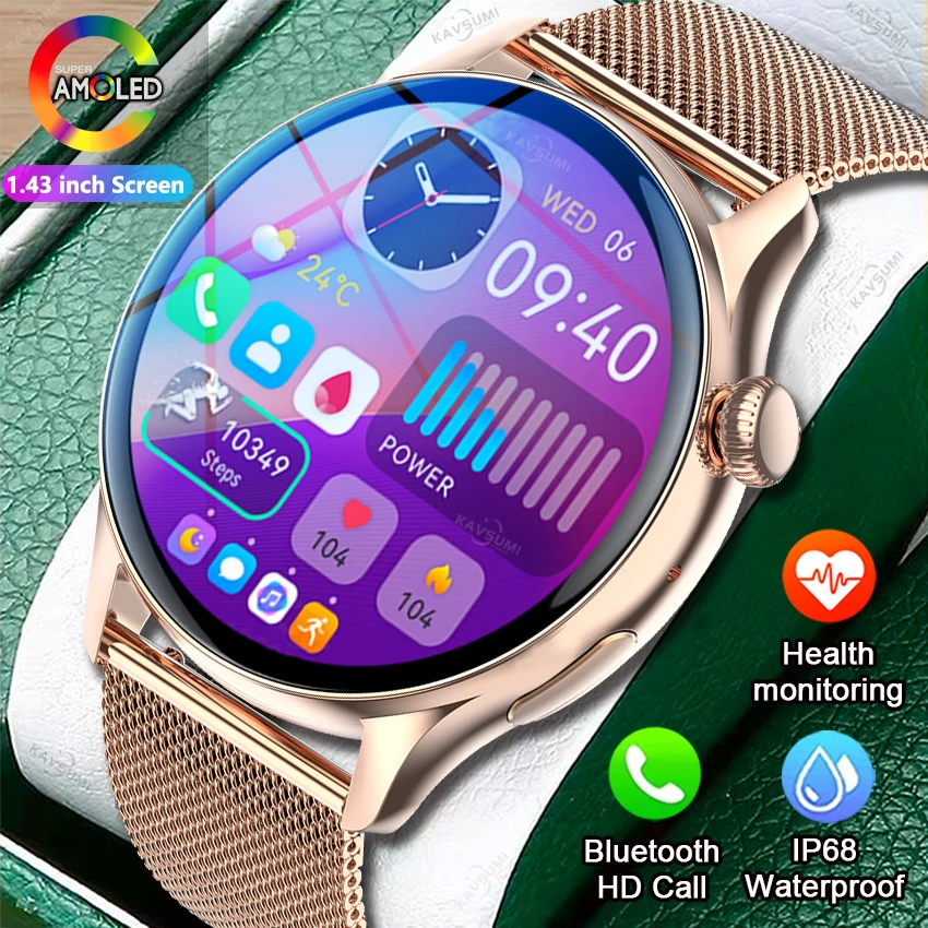 2023 Умни часовници Дамски Мъжки AMOLED дисплей Винаги показва време на повикване чрез Bluetooth IP68 Водоустойчив Музика сърдечната Честота Спортни умен часовник