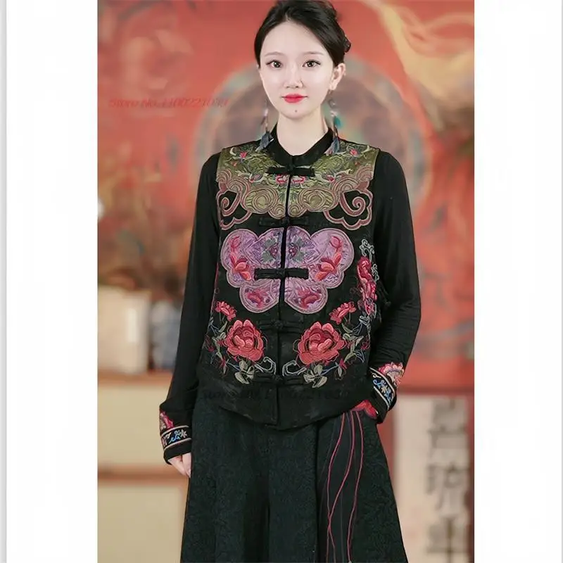 2024 китайски ретро жилетка с национална бродерия на цветя, традиционен жилетка харадзюку, ретро случайни жилетка за костюма тен с висока яка,