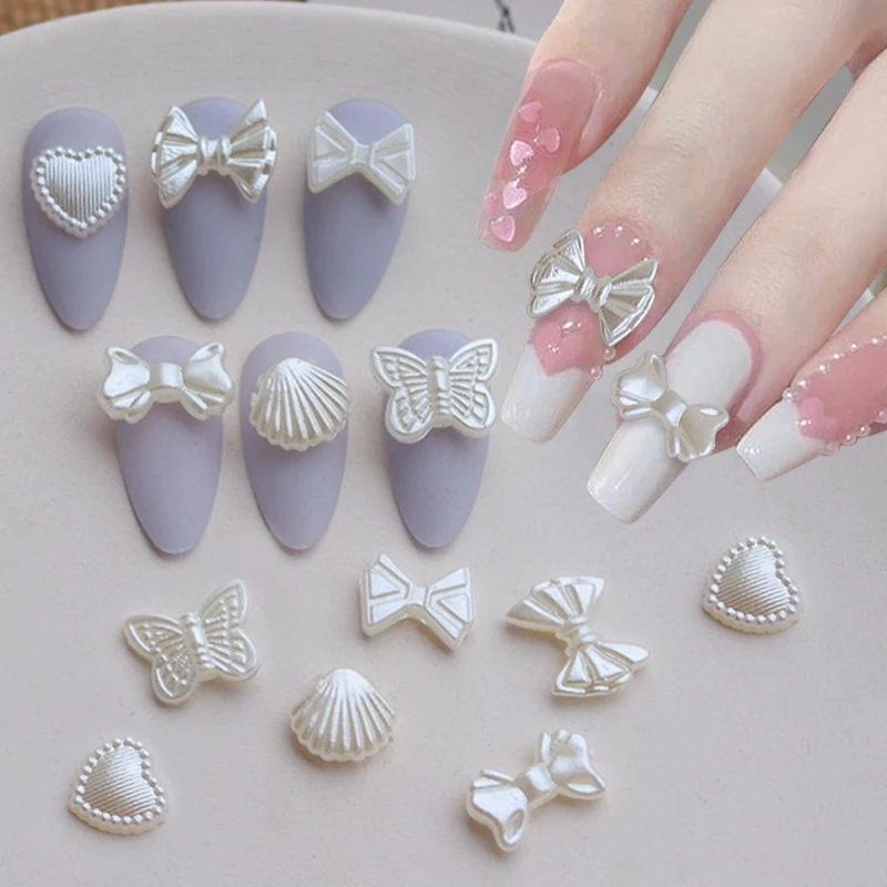 20pcs 3D окачване за нокти с лък в стил барок, Бяла перлена мивка, сърце, пеперуда, висулки от смола за декорация на нокти, дамски аксесоари за нокти