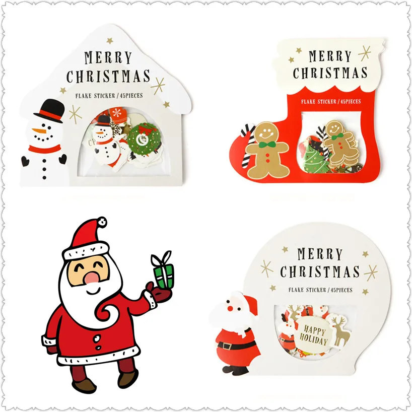 45 бр./опаковане. Декоративни стикери с участието на коледа, Дядо Коледа и снежен, направени със собствените си ръце, за scrapbooking.