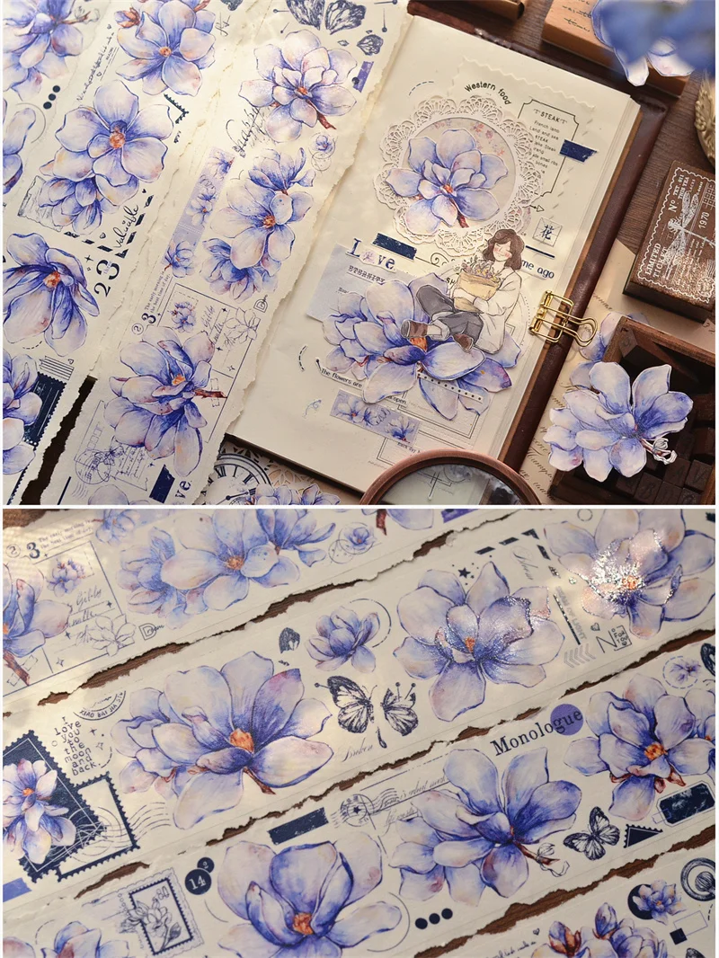 5,5 см x 6 м Напълно нова светлина-ретро синьо Голямо цвете дневник Декоративна стикер Списание за scrapbooking Cinta Washi Лента за домашни любимци
