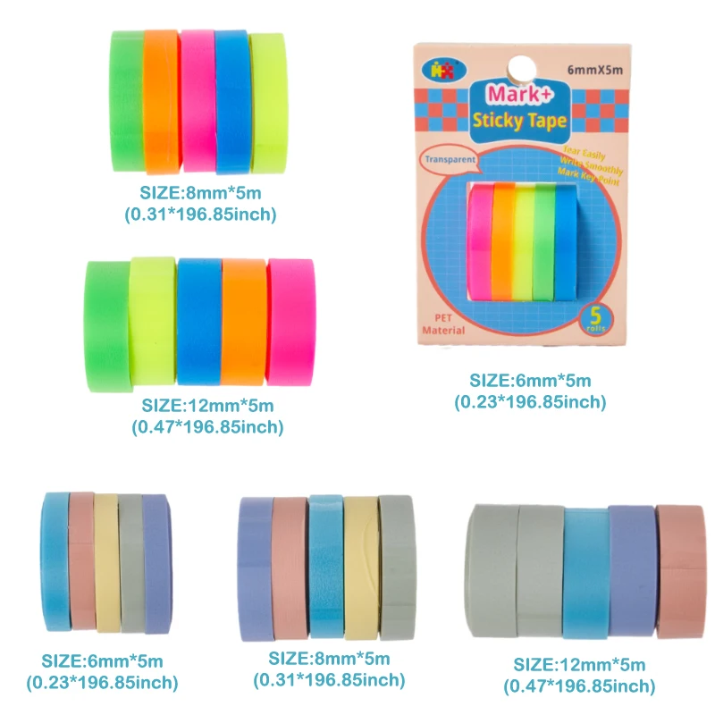 5 ролки/комплект 5 Цвята Лепкава Бележка Прозрачни Флуоресцентни Раздели Отметки Етикети Канцеларски материали, Детски Подарък Ученически Канцеларски материали