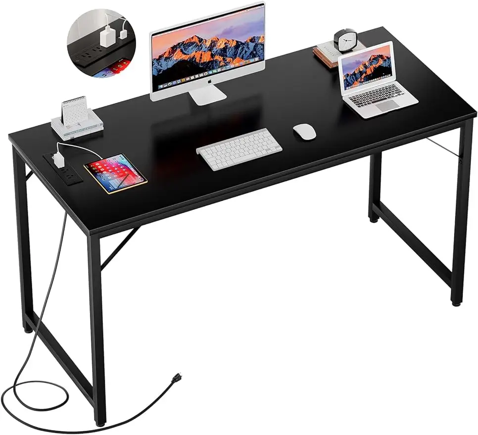 55-инчов Компютърен маса с Магически Розетки на Хранене, Модерни Офис бюро с USB порта За Зареждане, Здрав Студентски Бюро,