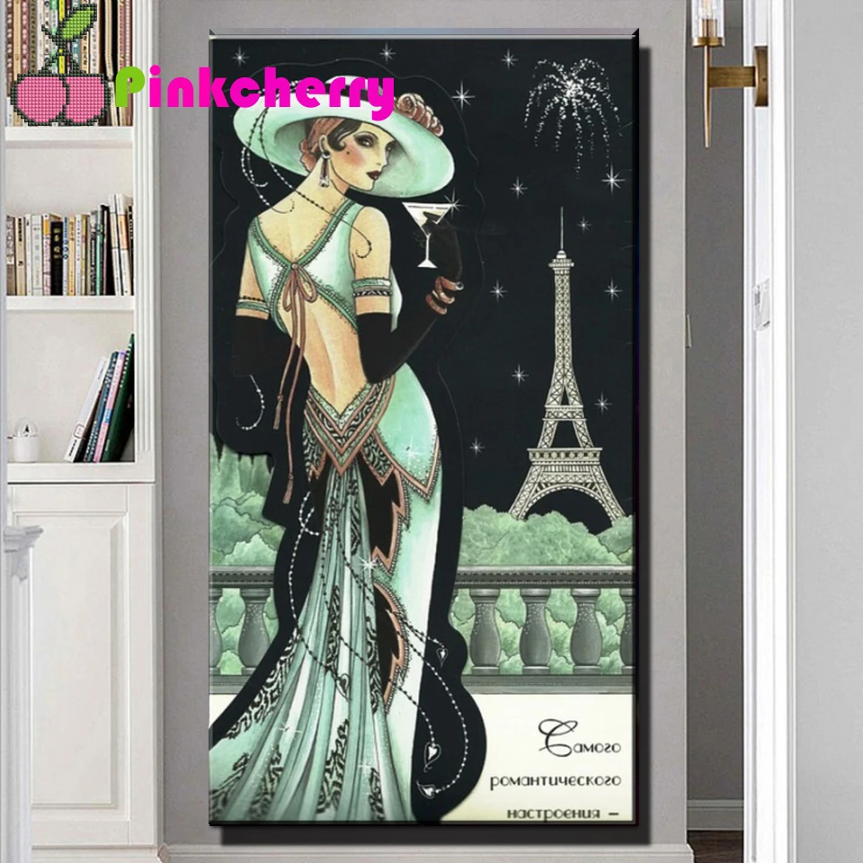 5D Квадратна диамантена бродерия Елегантна Дама Мозайка Зелена Шапка Сам Диамантена живопис Парижката Кула кръст бод Кристали k294
