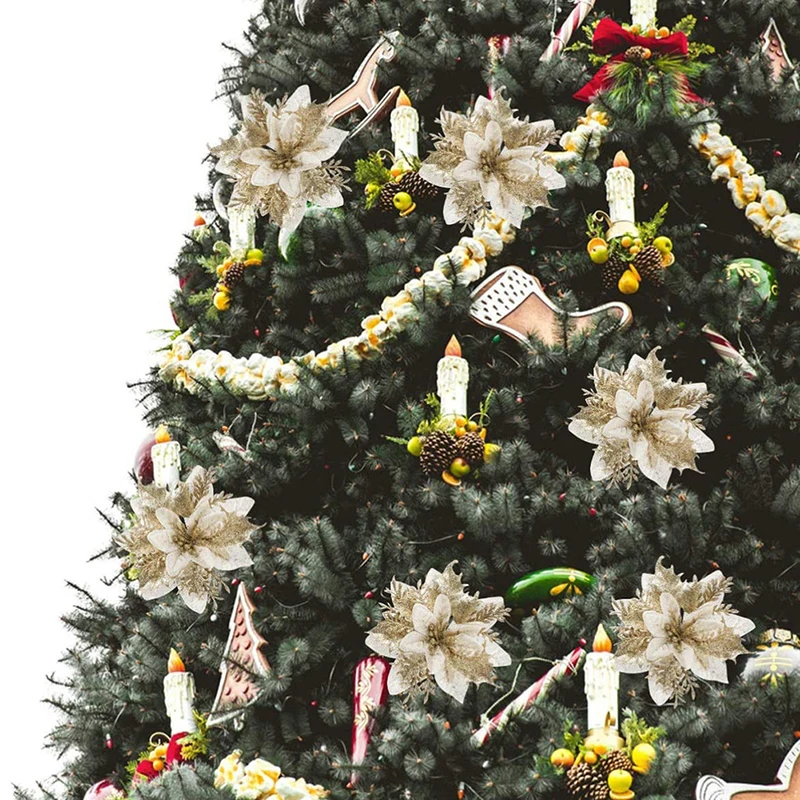 5ШТ Коледен Изкуствени Цветя, 13 см Коледно Дърво Блестящи Цветни Декорации Златни Цветя за Дома Сватбени Венци Венец Декор