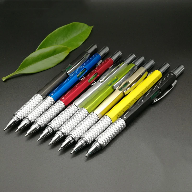 64шт Химикалка писалка 6 в 1, линийка-отвертка, с алкохолно ниво, многофункционална алуминиева писалка за сензорен екран.