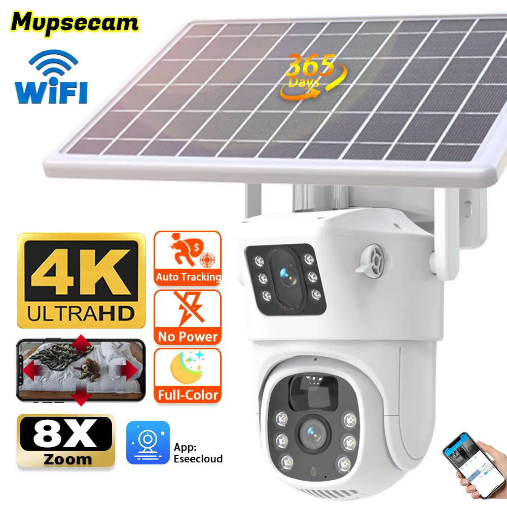 8-Мегапикселова камера, WIFI Слънчево Помещение С Вградена Батерия Безжична IP Камера Външен за Откриване на PIR за Сигурност PTZ Cam Водоустойчива Камера за Наблюдение