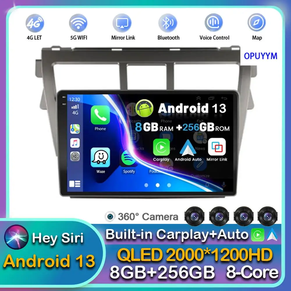 Android 13 Carplay Auto WIFI + 4G Автомагнитола За Toyota Vios Yaris 2007 2008-2012 Мултимедиен GPS Видео плейър, Стерео 2din Главното Устройство