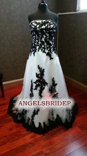 ANGELSBRIDEP Готически бял тюл С черни апликации Сватбени рокли без презрамки Викторианска сватбена рокля Vestido De Новия