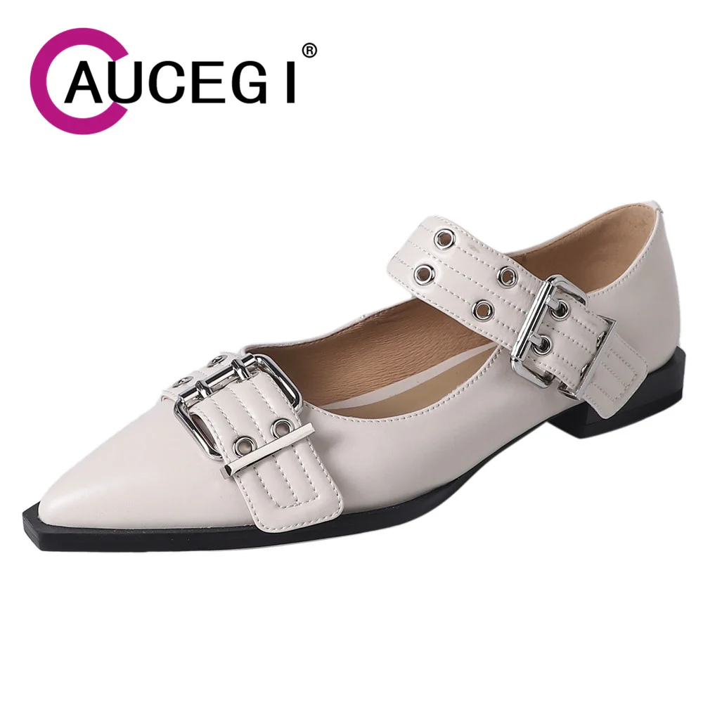 Aucegi, ново записване, есенни дамски обувки-лодки, женски обувки в стил пънк с остри пръсти в масивна ток и плитка катарама, модни вечерни обувки в стил ретро бежов цвят