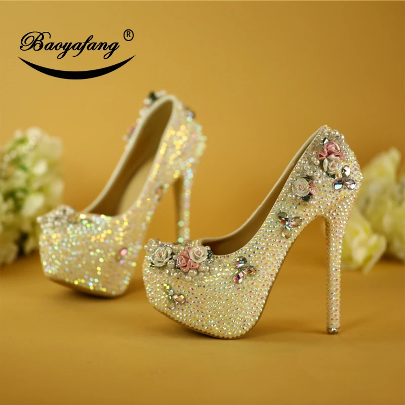 BaoYaFang Bling color кристал сватбени обувки, дамски обувки на платформа и висок ток, обувки за сватба-лодки, обувки за партита с цветя