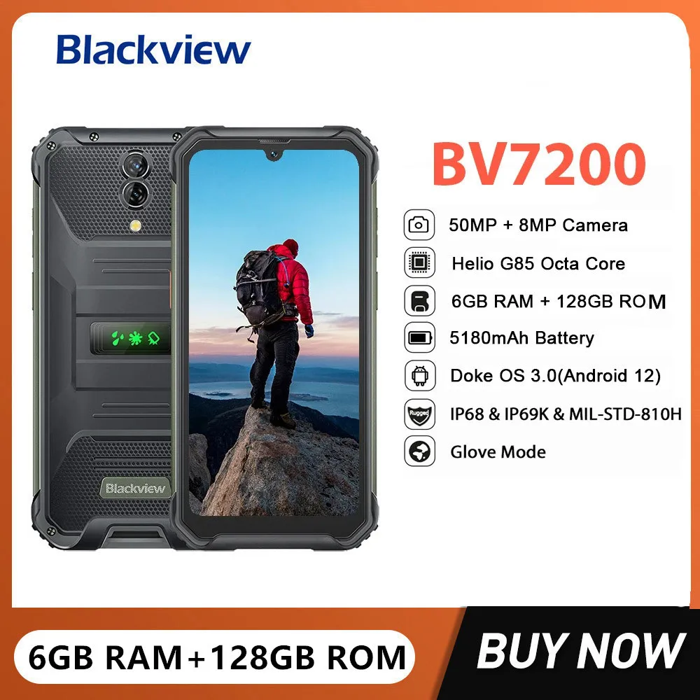 Blackview BV7200 Водоустойчив Издръжлив Смартфон Хелио G85 Восьмиядерный 6 + GB 128 GB 6,1-Инчов 50-Мегапикселова Камера на Мобилен Телефон 5180 ма Батерия, NFC