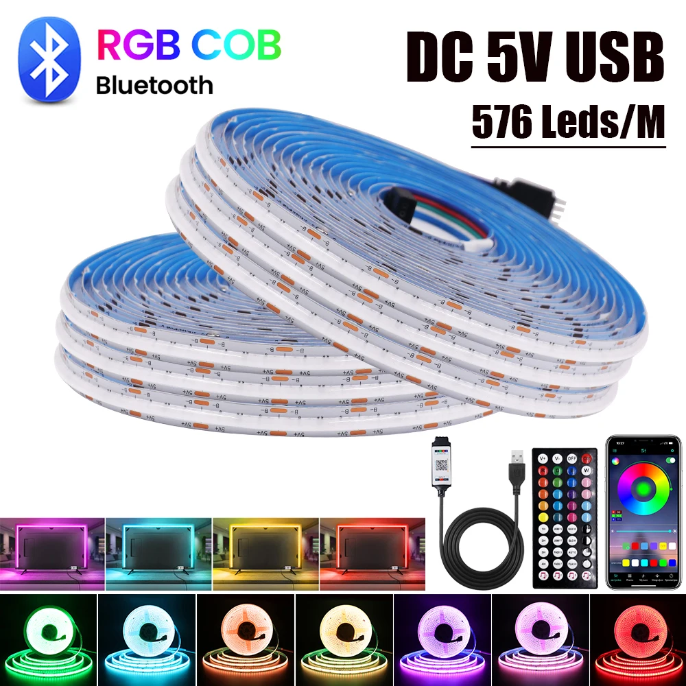 DC 5V USB RGB COB Strip 576 светодиода/ M Bluetooth APP Контрол на Подсветката на телевизора Декорация на дома, Светодиодна лента, внасяни диод Гъвкава лента Led светлини