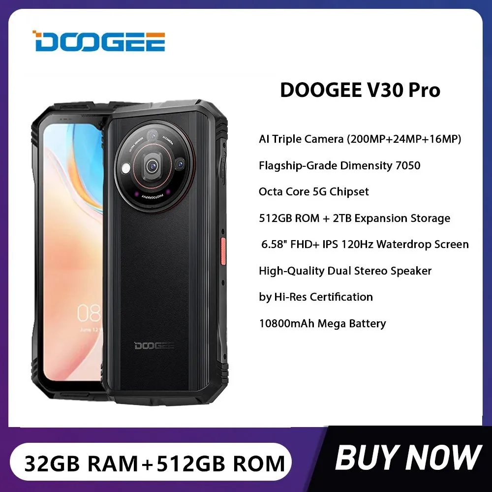 DOOGEE V30 Pro Издръжлив Смартфон 5G Восьмиядерный 32 GB + 512 GB 200 Mp 13 Android Мобилен телефон 6,58 инча, FHD 10800 ма 33 W Бързо Зареждане на NFC