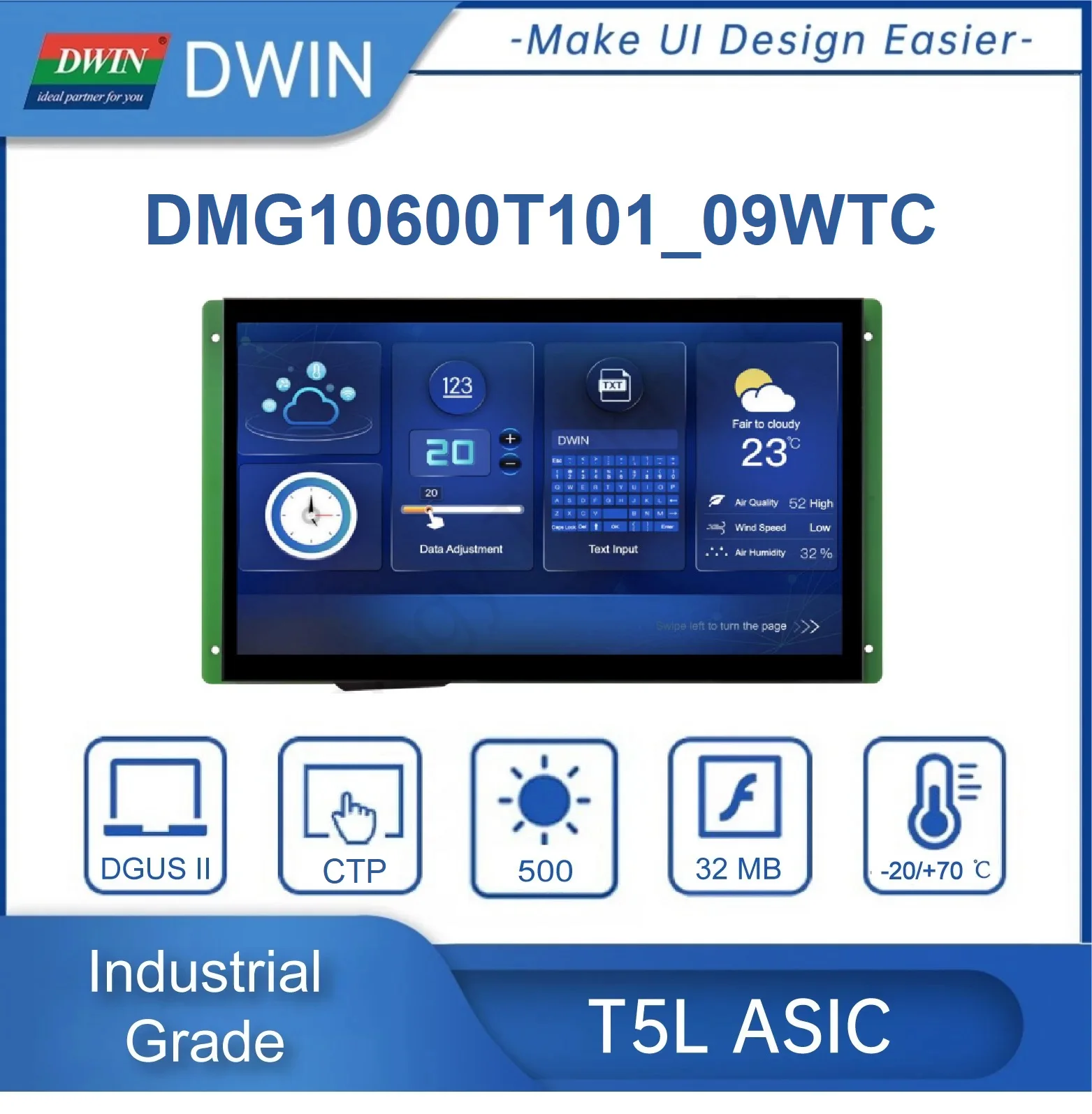 DWIN 10.1-инчов HMI 1024*600 IPS TFT-LCD Дисплей индустриален клас със сензорен екран UART висока яркост ArduinoESP32 DMG10600T101_09W