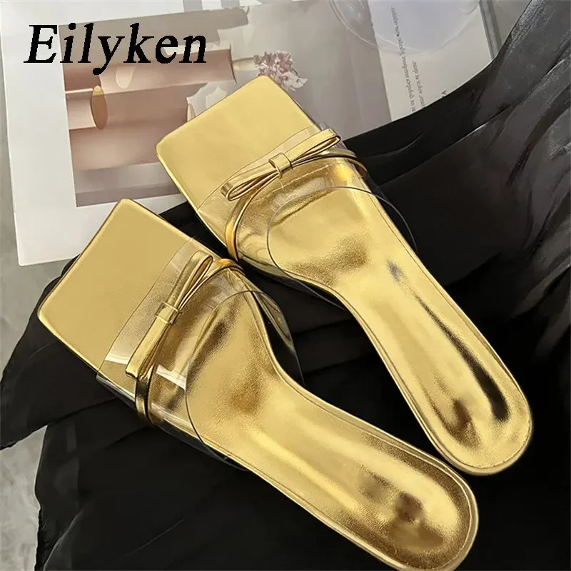 Eilyken/ Модни Прозрачни Дамски Чехли от PVC с Пеперуда и възел, С Квадратни пръсти, Нисък Тънък Ток, Жените Плажни Джапанки, Летни Сандали