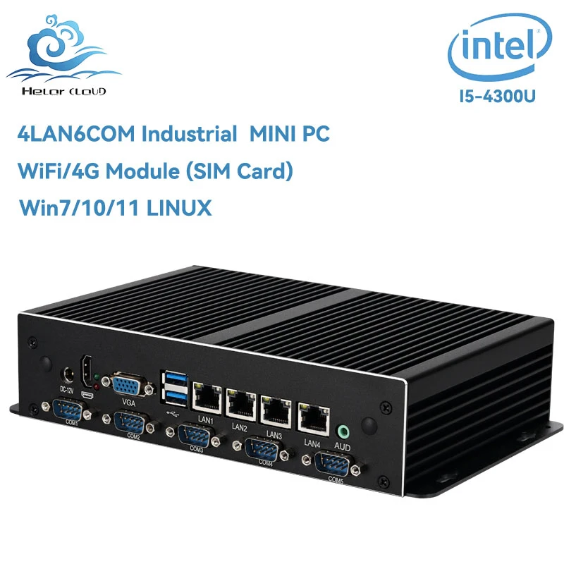 Helorpc 4 LAN 6 COM Промишлен Мини КОМПЮТЪР С поддръжка за Core i5-4300U DDR3, win7/10/11 Linux Система Wifi 4G Модул Безвентиляторный компютър