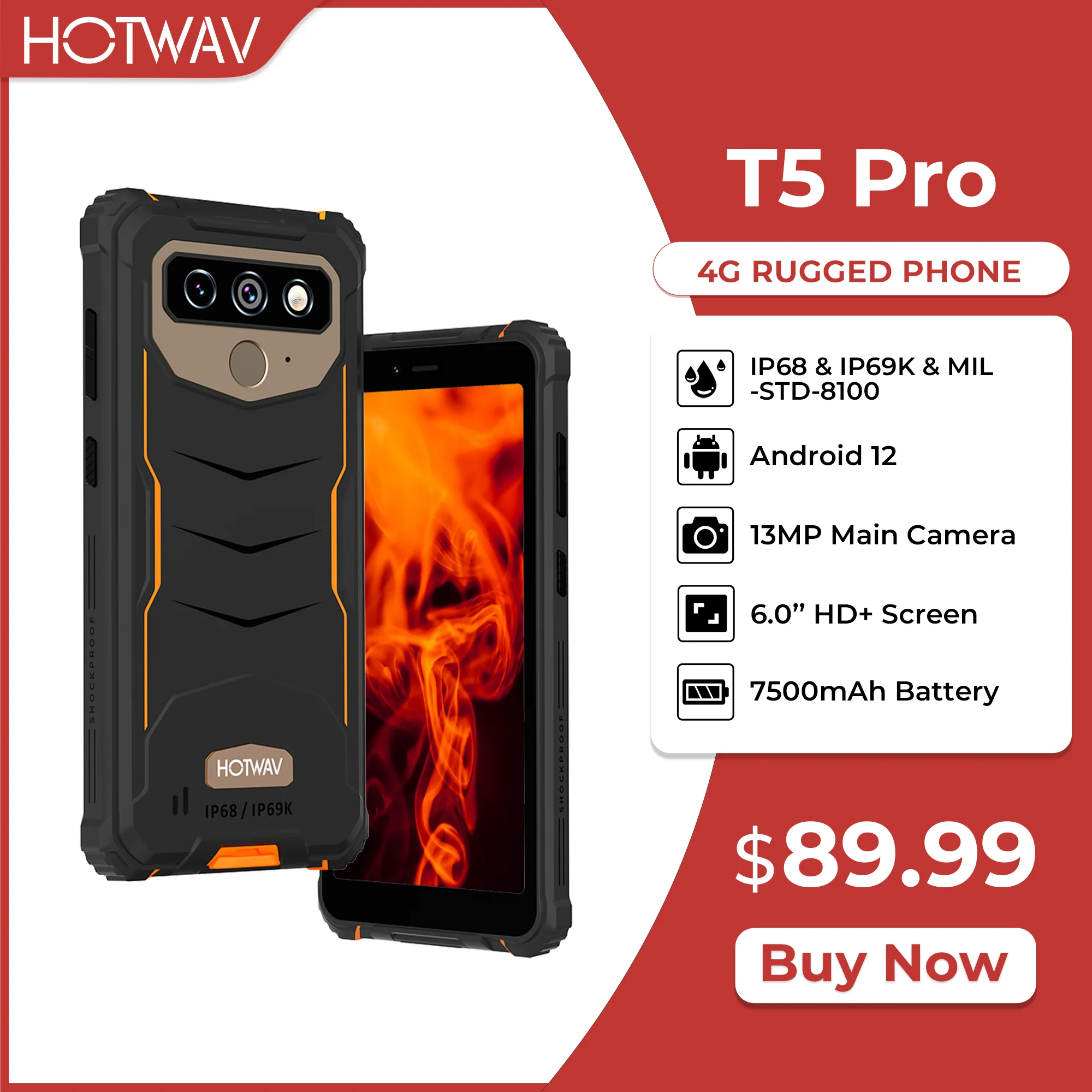 HOTWAV Pro T5 4G Трайни Мобилен Телефон с 6,0-инчов Екран, 4 GB, 32 GB, Батерия 7500mAh, Смартфон Android 12 MTK6761, 13-Мегапикселова Основна Камера 2022