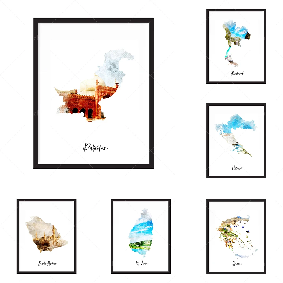 Libye aquarelle carte imprimer - регистрация, плащане с карта, карт-меню, пътуване, впечатление, художествена картина за Дома grand mur Art Gicle