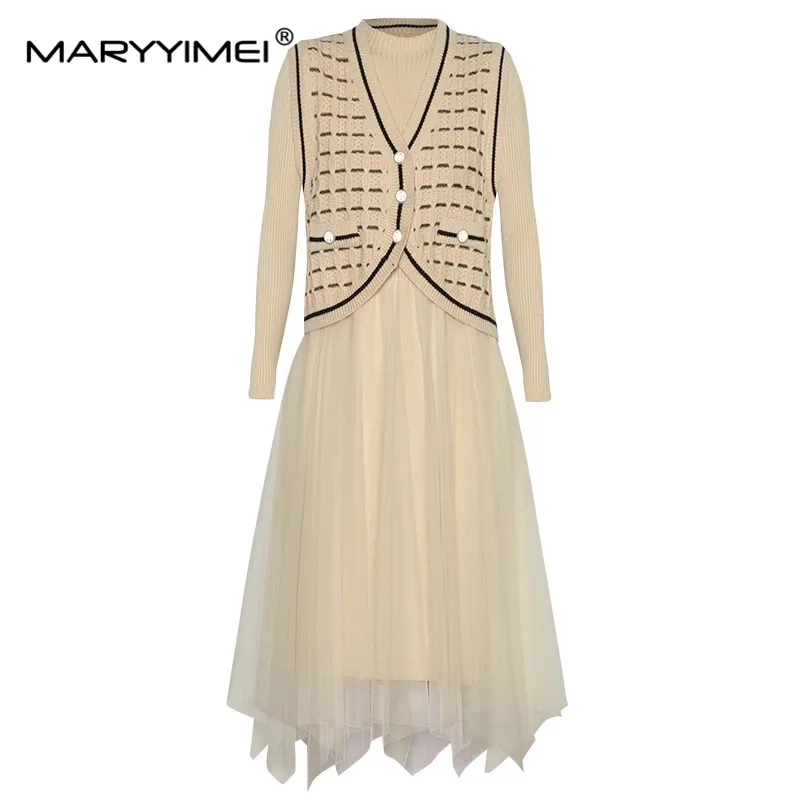 MARYYIMEI Модерен есенен женски костюм, раираната жилетка, яке, жилетка + вязаное сетчатое рокля в стил мозайка, Комплект от две части