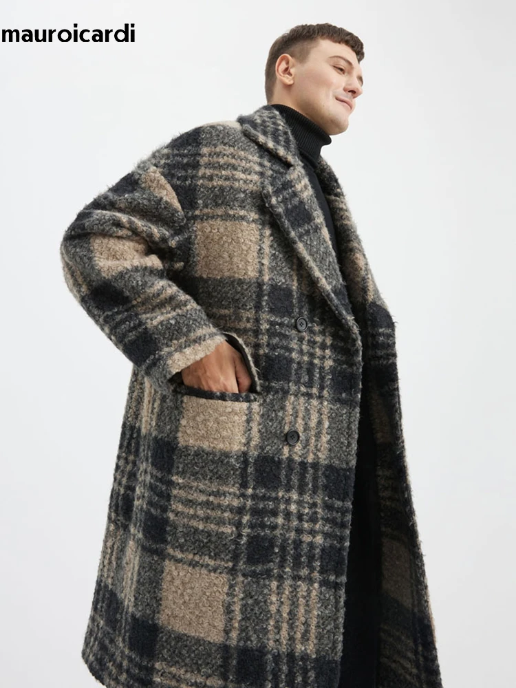 Mauroicardi/ Есенно-зимно дълго свободно стилно плътно топло палто в цвят клетка от вълна и смеси, мъжки двубортная мода за подиум