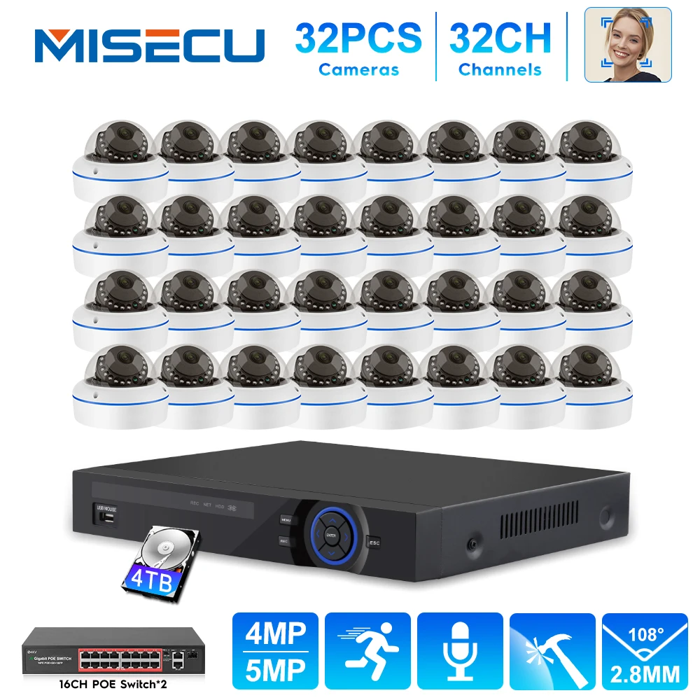 MISECU 32CH 5MP 4MP Куполна IP Камера POE Система за Сигурност, ВИДЕОНАБЛЮДЕНИЕ Видеонаблюдение Водоустойчиви Записващо устройство NVR Комплект Външна Камера