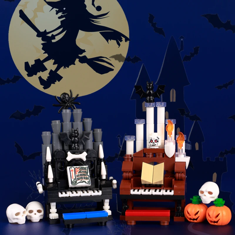 MOC Творческа пиано за Хелоуин Градивен елемент на Скелет на Човек Свещ Тиква Прилеп Ужасно Забавна мини-модел на Тухли Играчки Детски подарък