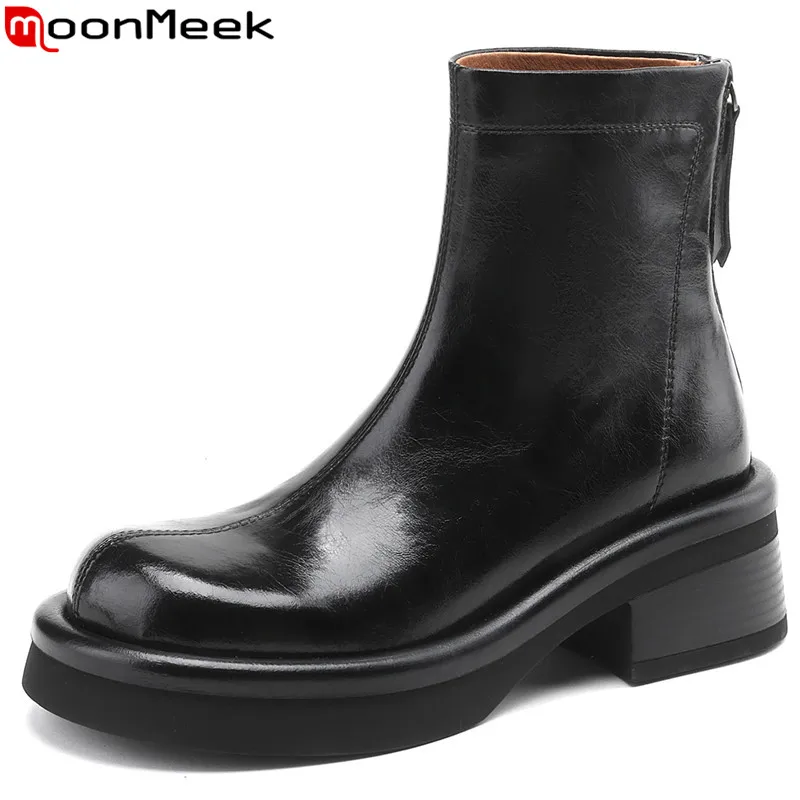 MoonMeek 2023/ Нови Зимни обувки от естествена кожа с най-високо качество дамски ботильоны джоб с кръгло бомбе, обувки на платформа на високо квадратен ток